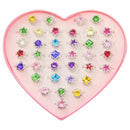 36pcs Colorful Rhinestone Gem Rings in Box, Adjustable Little Girl Jewel Ri