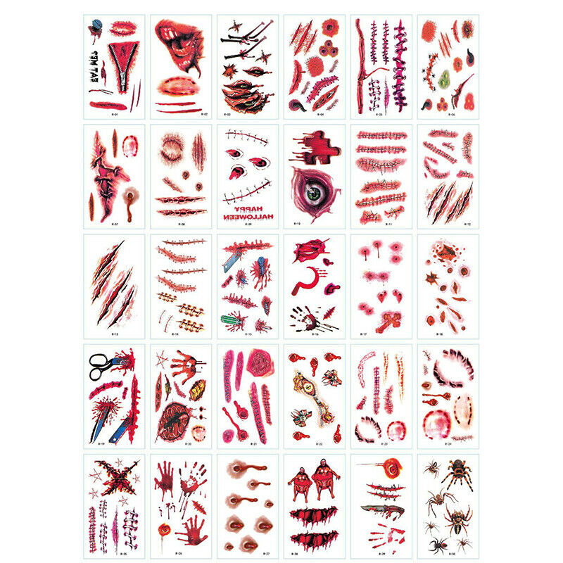 30Pcs Halloween Lifelike Bloody Wound Scary Waterproof Temporary Tattoo Stic Gw