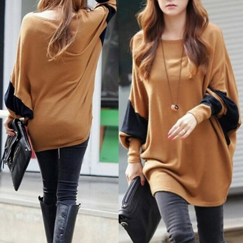 Women Fashion Round Neck Bat Sleeve Autumn Simple Casual Loose Tops Sweaters.AU