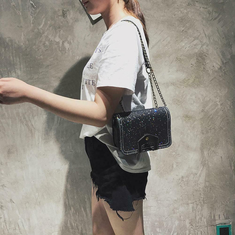 Sequins Bags Leather Splicing Women Shoulder Crossbody Square Bag (Black) A