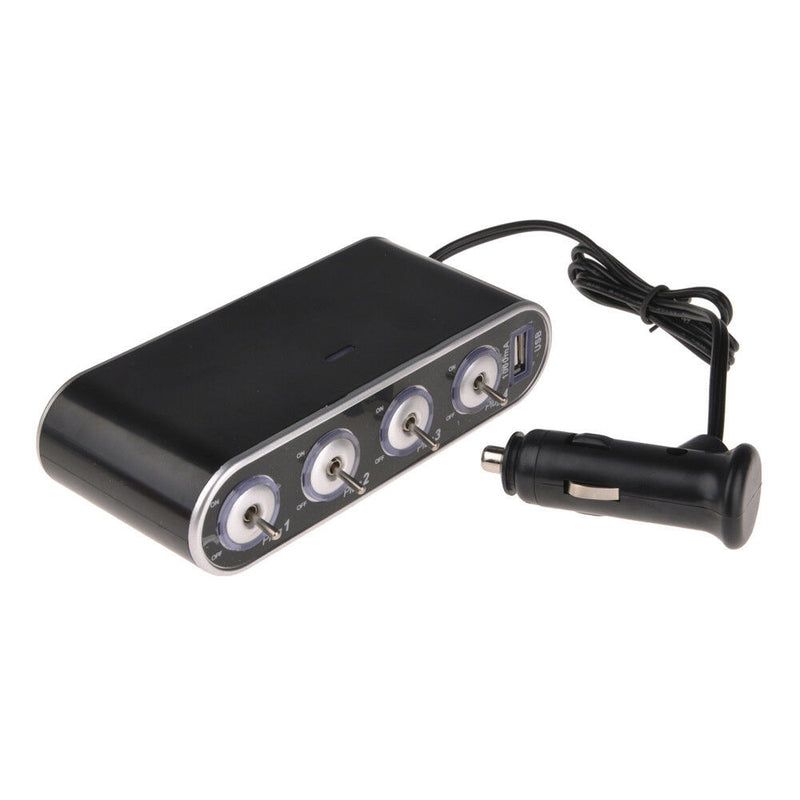 12V/24V In-Car USB Charger Four Sockets Cigarette Lighter with Fuse Mini Switch
