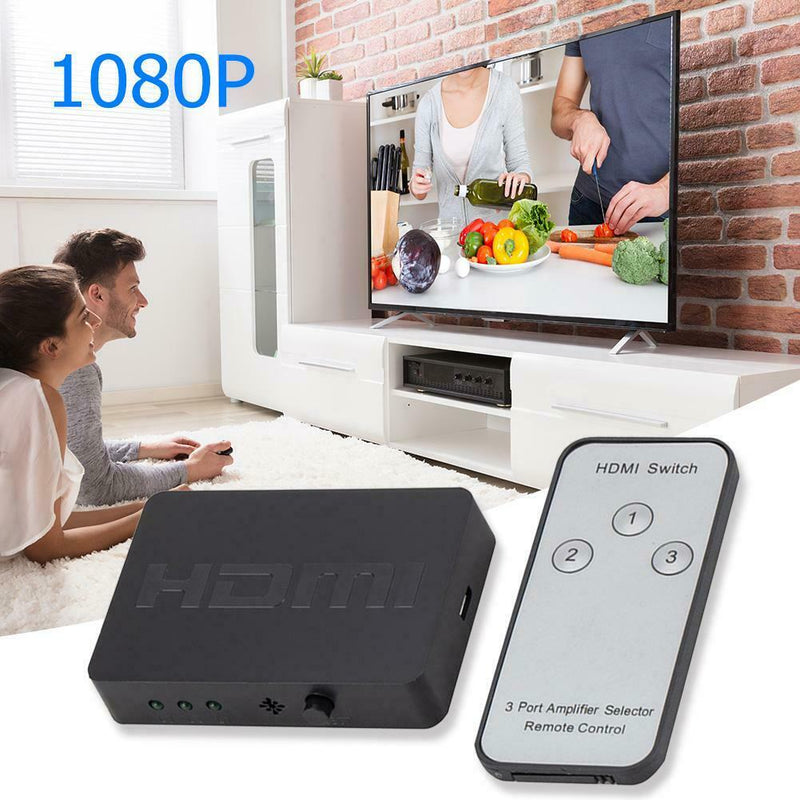 HDMI Splitter 3 Port Hub Box 3 in 1 Out Switcher 1080P HD w/ Remote Control
