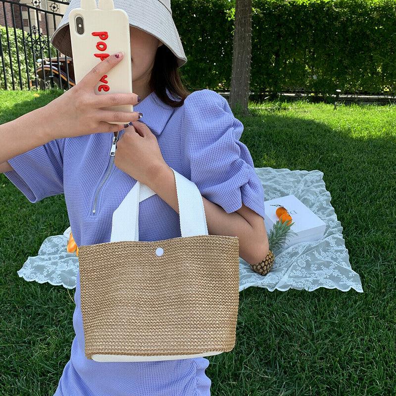 Women Straw Handbag Beach Woven Bucket Totes Travel Shopping Bag (White)