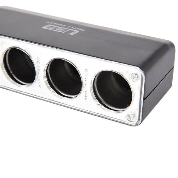 Triple Socket Splitter Cigarette Lighter Adapter Plug & USB Port 3 Way Charge ^