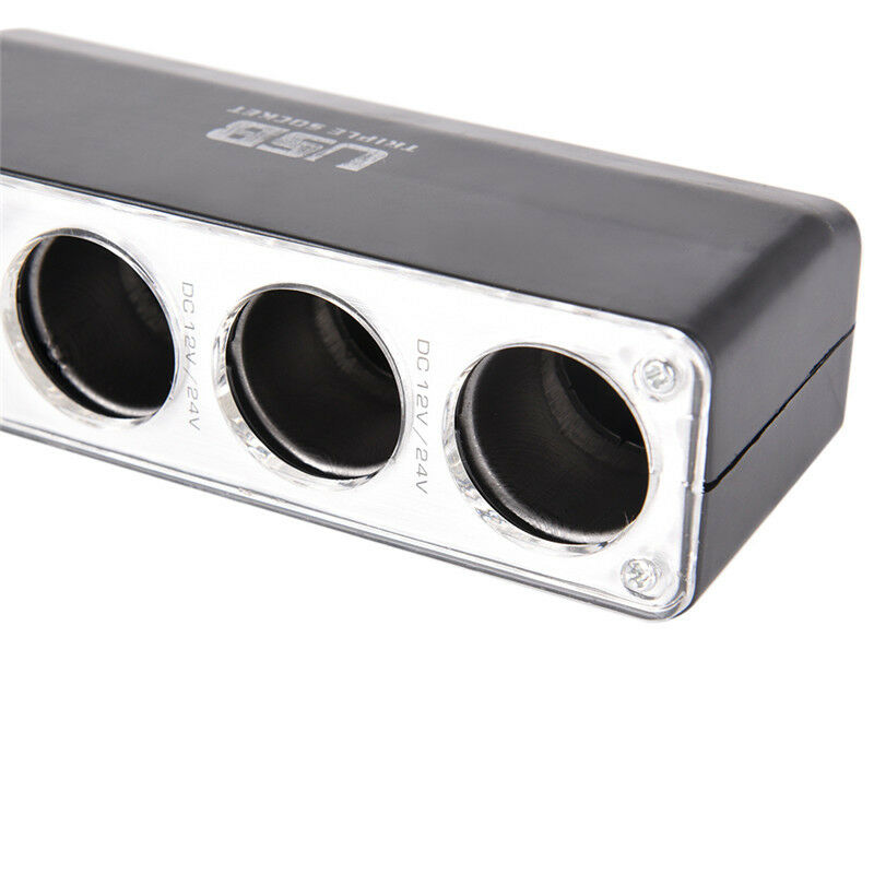 Triple Socket Splitter Cigarette Lighter Adapter Plug & USB Port 3 Way Charge ^
