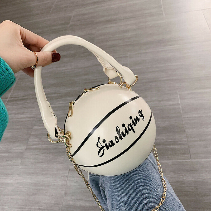 Round Basketball Women Leather Shoulder Messenger Bag Chain Handbag (White)