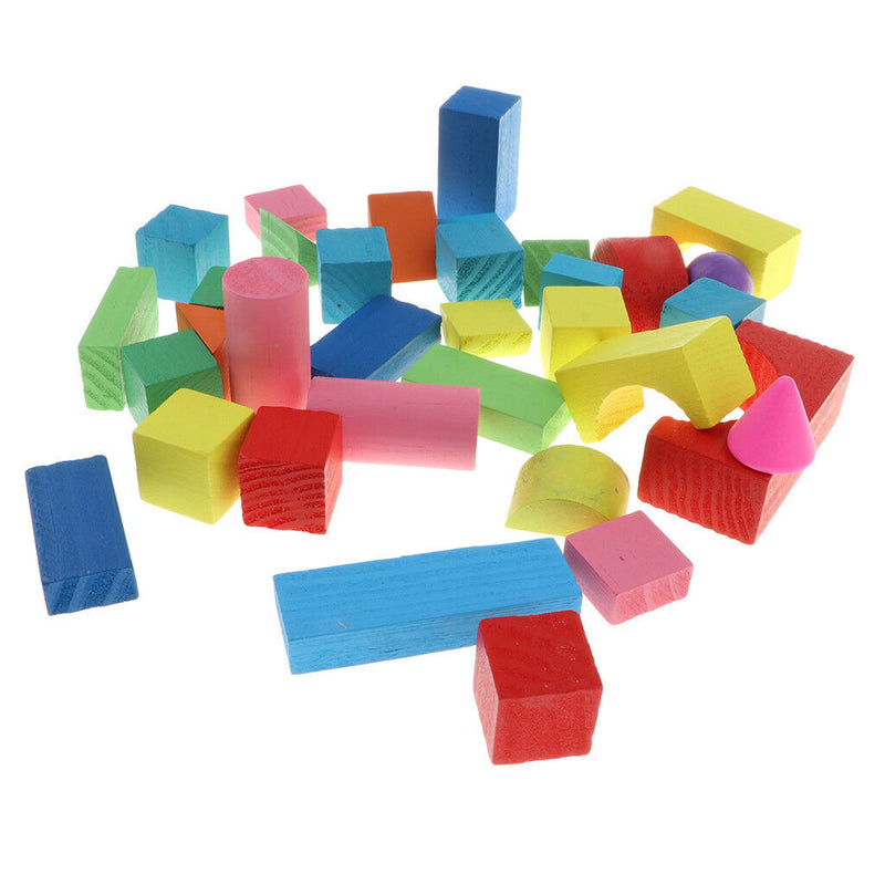 Wooden Building Blocks Set - 34Pcs Blocks in 8 Colors and 9 Shapes