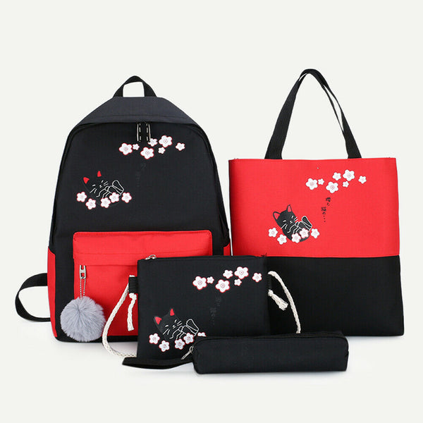 4pcs/Set Cute Cat Backpack Canvas Teenagers Mochila Shoulder Bag (Black)