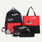 4pcs/Set Cute Cat Backpack Canvas Teenagers Mochila Shoulder Bag (Black)