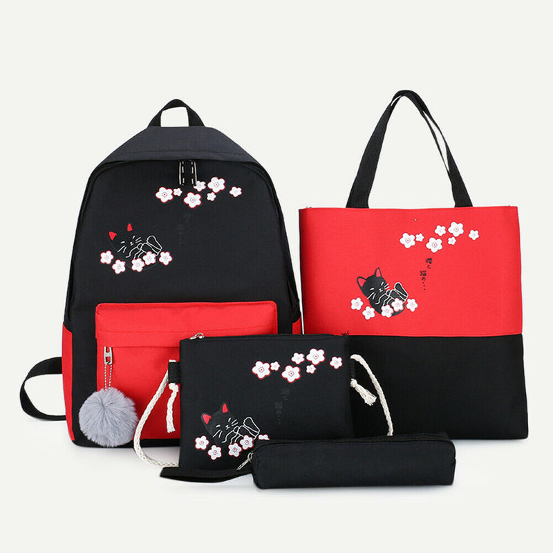 4pcs/Set Cute Cat Backpack Canvas Teenagers Mochila Shoulder Bag (Black)