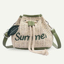 Leaf Decor Shoulder Handbags Women Straw Drawstring Crossbody Bags (Green)