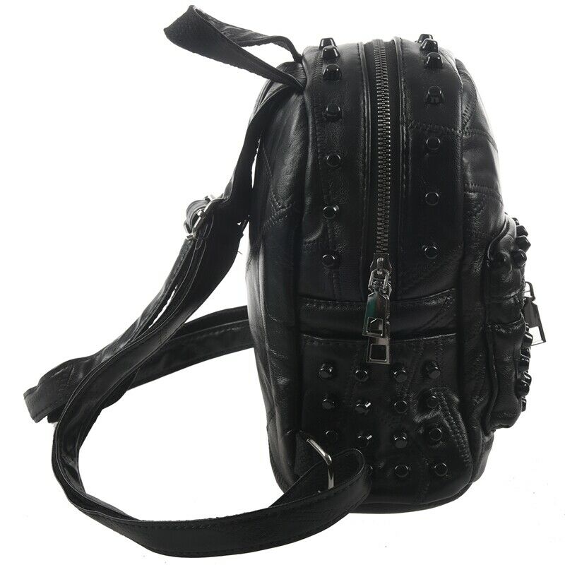 Women Small Good Leather Backpack Rivet Daily Cute Black Backpack for Teena W6B7