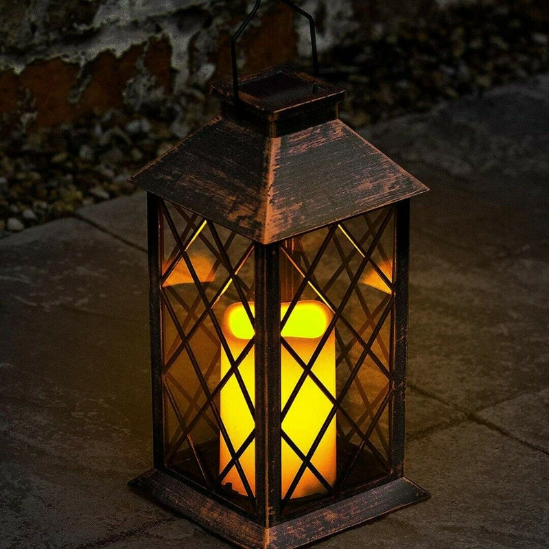 Solar Powered Lamp Candle Hanging Lantern Outdoor Patio Garden Light Iron