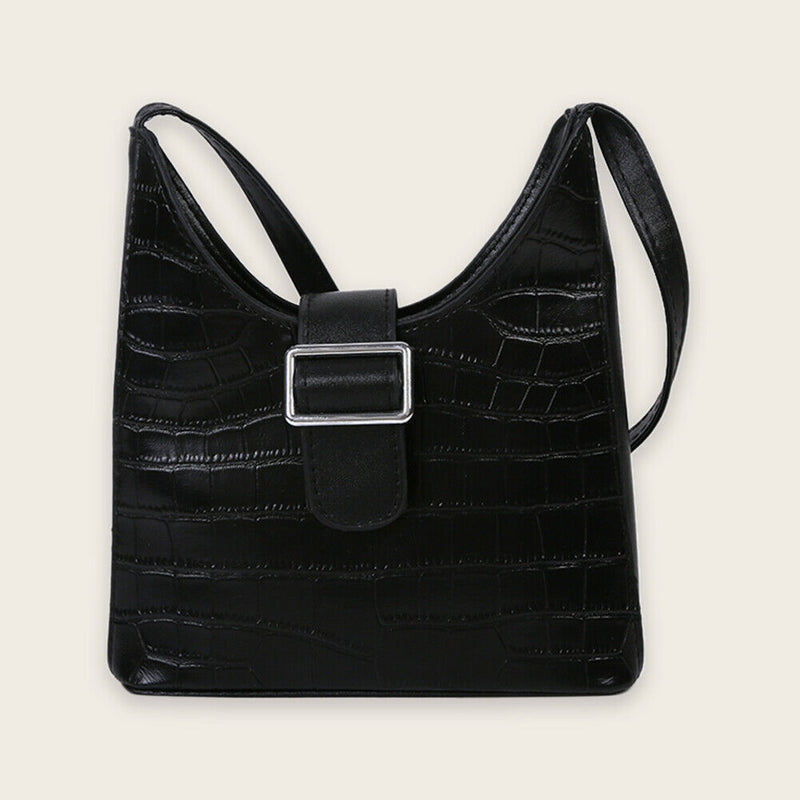 Stone Pattern Women Handbag Leather Female Retro Shoulder Tote Bag (Black)