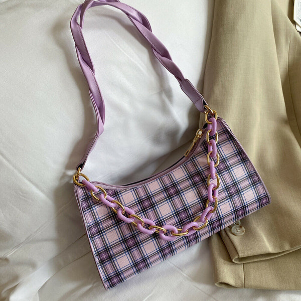 Fashion Plaid PU Women Handbag Totes Chain Underarm Shoulder Bags (Purple)