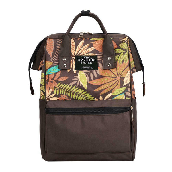 Tropical Plant Print Travel Backpacks Nylon Women School Bags (Dark Brown)