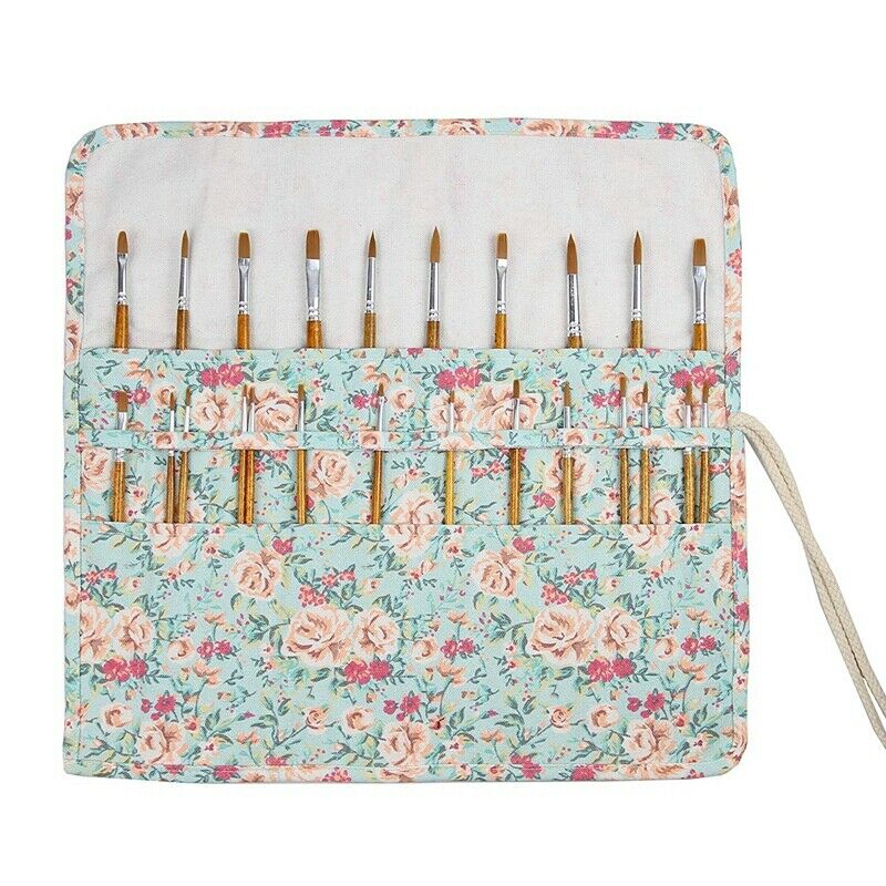20 Pockets Art Paint Brushes Case Roll Up Pen Holder Canvas Pouch Bag O9R4