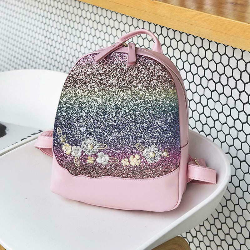 Glitter Shining Sequins Backpack Women Floral Travel School Bags (Pink)