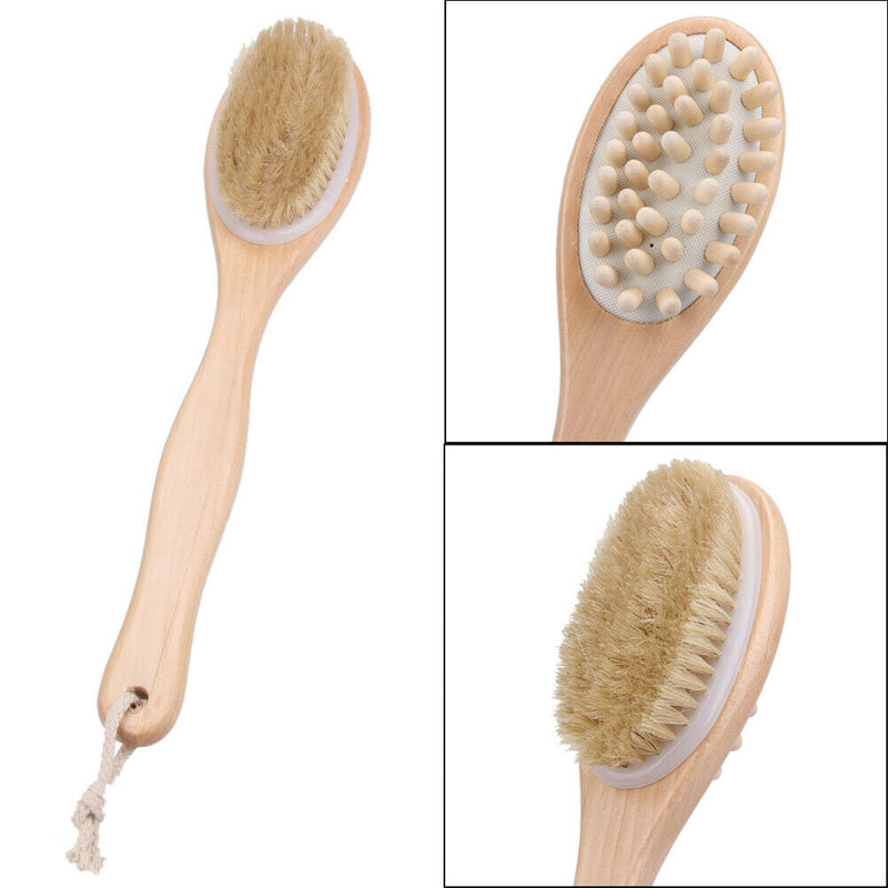 2-in-1 Sided Natural Bristles Scrubber Long Handle Bath Body Brush Massage A