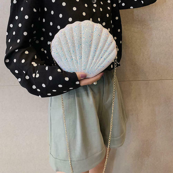 Cute Sequin Shoulder Handbags Women Small Chain Shell Crossbody Bag (White)