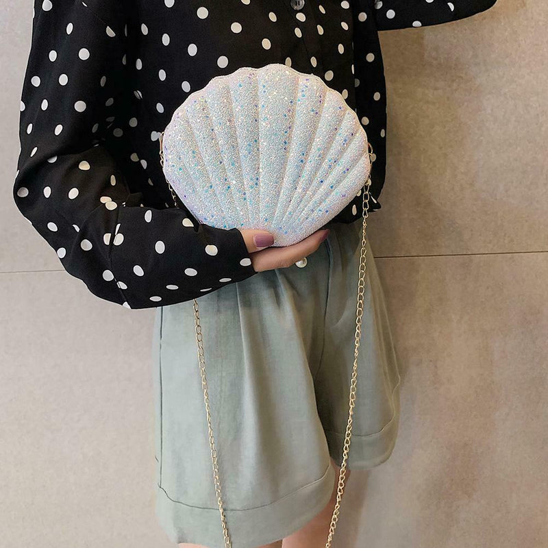 Cute Sequin Shoulder Handbags Women Small Chain Shell Crossbody Bag (White)