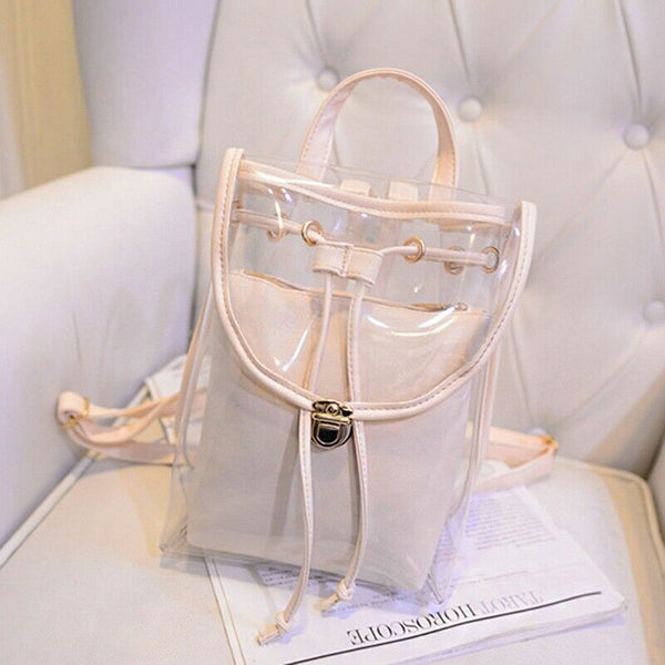 Women's 2 in 1 Clear Fashion Backpack Transparent Travel Beach Shoulder Han M6N2