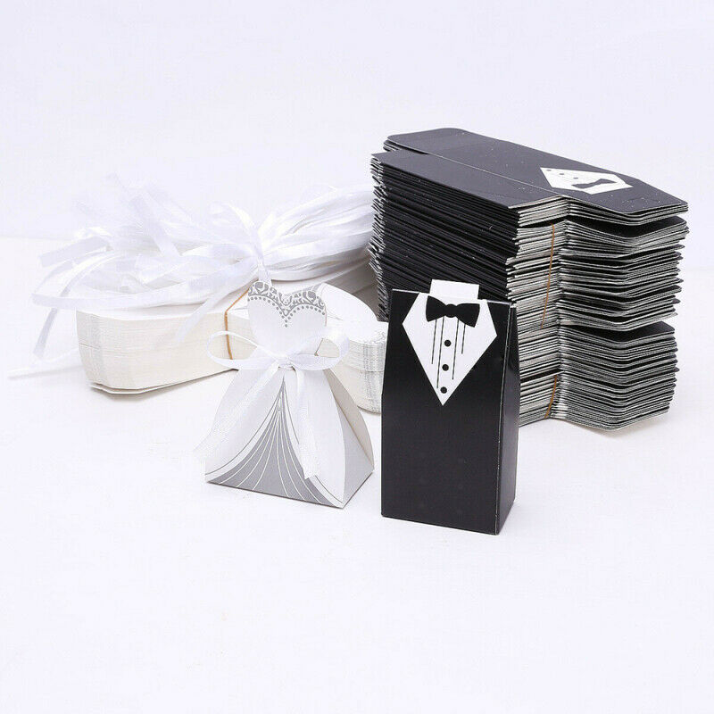 100pcs Bride and Groom Dress Candy Box Tuxedo Ribbon Party Wedding Favors IEM