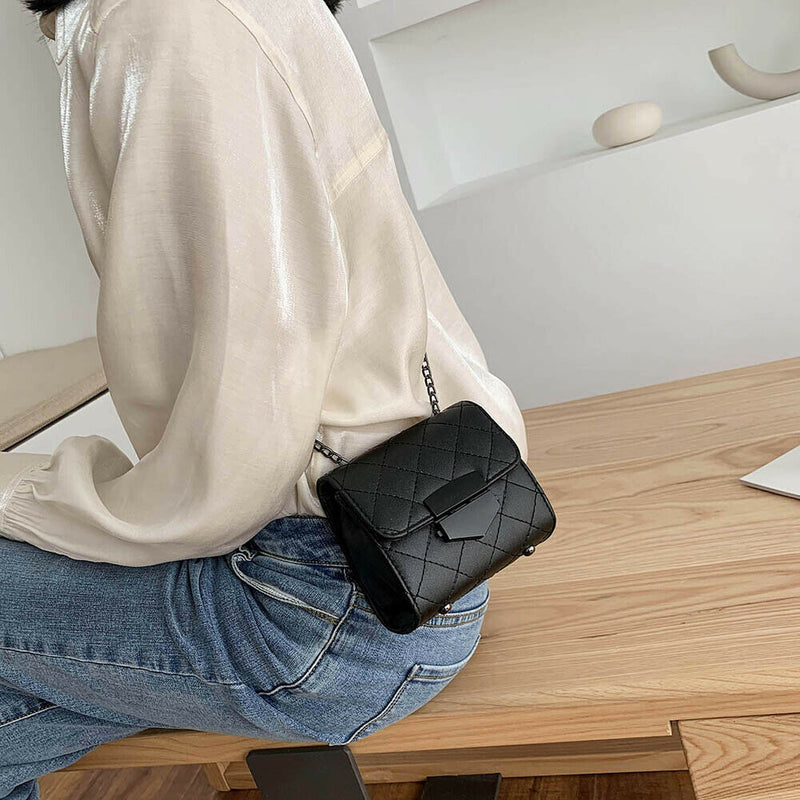 Women PU Leather Messenger Bag Chain Small Shoulder Satchel Bags (Black)
