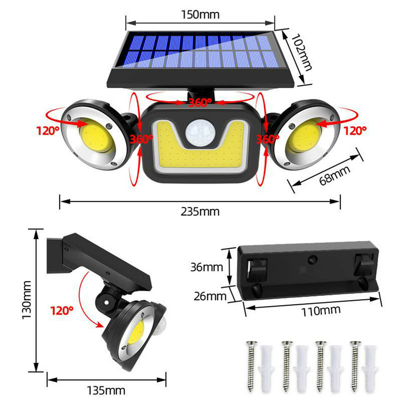 Solar Lights Outdoor LED Solar Motion Sensor Lights 3Head IP65 Waterproof