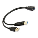 Black USB 3.0 Female to Dual USB Male Extra Power Data Y Extension Cable for