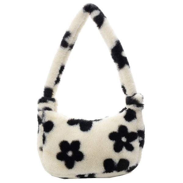 Women Fluffy Shoulder Bag Solid Plush Handbags Female Winter Totes (Flower)
