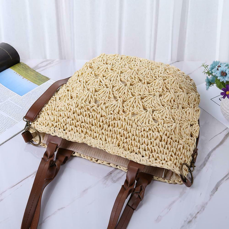Straw Beach Woven Tote Bags Casual Women Shoulder Messenger Handbag (Beige)