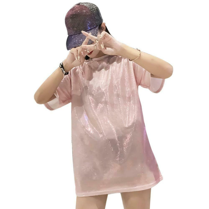 Fashion Women Bling Solid Short Sleeve Loose T-Shirts Long Tops (Pink XXL)