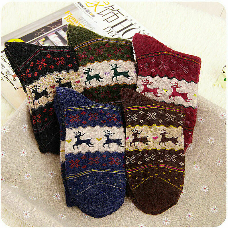 Womens Wool Blend Socks Christmas Snowflake Deer Unisex Warm Winter Socks Q6V7.