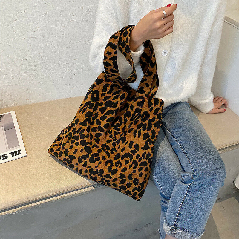 Women Corduroy Handbag Animal Print Big Capacity Shoulder Bag (Leopard)