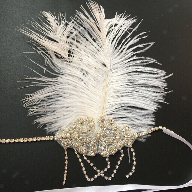 White Feather Flapper Headband w/Tassel 1920s Great   Bridal Headpiece