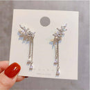 Women Girls Leaf Zircon Tassel Long Earrings Drop Dangle Women Stud Jewelry