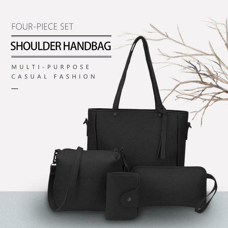 4pcs/Set Lichi Leather Tassels Women Tote Shoulder Clutch Card Bags (Black) A