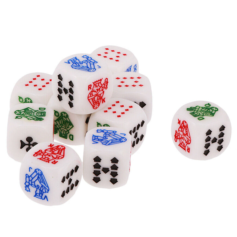 10 Pieces 12mm/0.47inch Acrylic 6-Sided Poker Dice With Symbols A K Q J 10 9