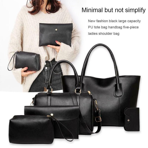 5pcs/set Leather Women Shoulder Bag Pure Color Large Handbag Clutch Card Holder