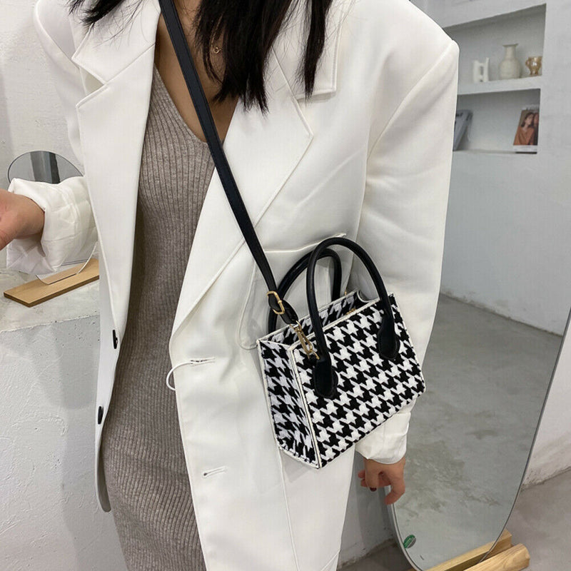 Retro Plaid Shoulder Crossbody Bag Women PU Portable Totes Handbags (Black) A