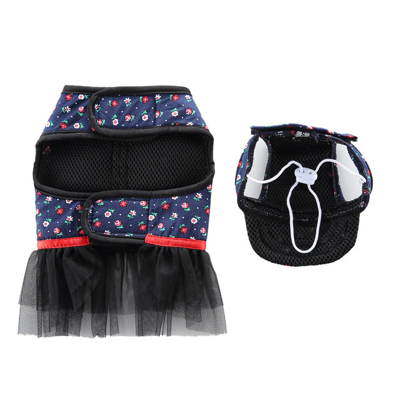 Pet Dog Vest Harness with Hat Pet Costume Party Clothes Blue Dot Flower-XS