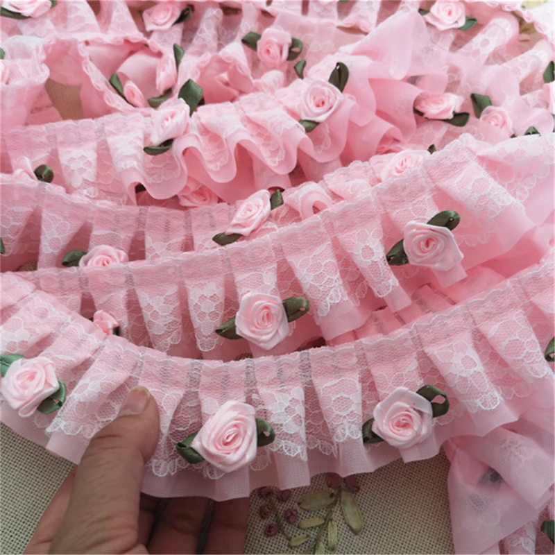1 Yard/91cm 5cm Pink Rose Flower Ruffle Lace Trim Chiffon Pleated Ribbon Crafts