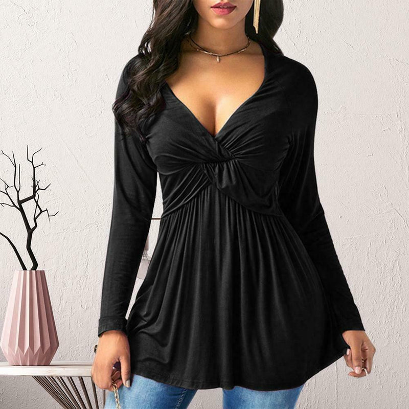 Women Spring Solid Color Shirts Casual V-neck Pleated Tops (Black)(XL)