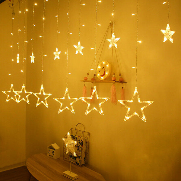 LED Curtain String Light 8Mode Star Moon Plug Night Light  (EU Warm Light)