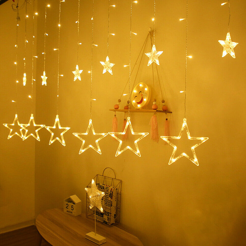 LED Curtain String Light 8Mode Star Moon Plug Night Light  (EU Warm Light)