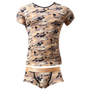 Mens Beige Camo T Shirt Summer Sports Tops  Brief Swim Trunk Set