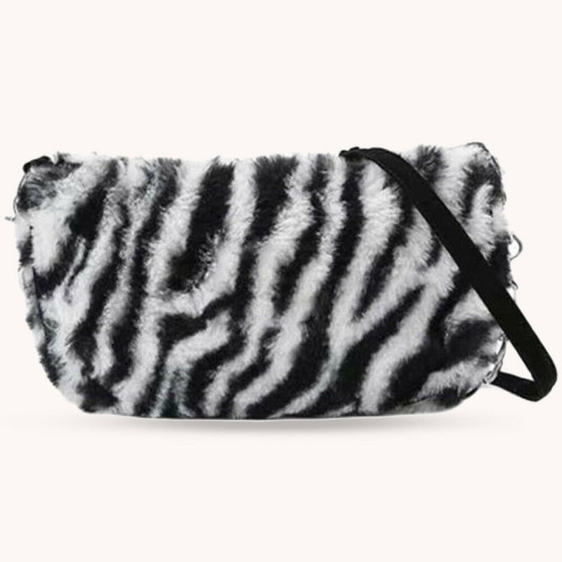 Lady Zebra Pattern Plush Shoulder Handbags Small Purse Tote Street Messenger Bag