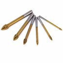 6pcs Titanium Coated Glass Drill Bits Set 4 Cutting Edges Cross Spear Head