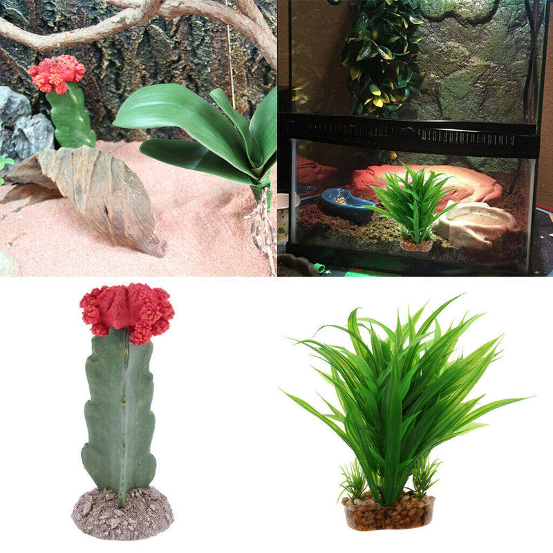 2Pcs Natural Looking Artificial Leaf & Cactus Aquarium Plant Decor Ornament